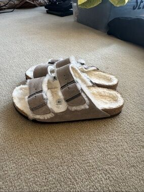 Birkenstock Arizona Shearling Suede Slide - “Stone Coin” Gray 37/ 6-6.5